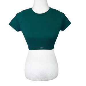 Set Active Workout Shirt Women Extra Small Green Ribbed Knit Short Sleeve Tee